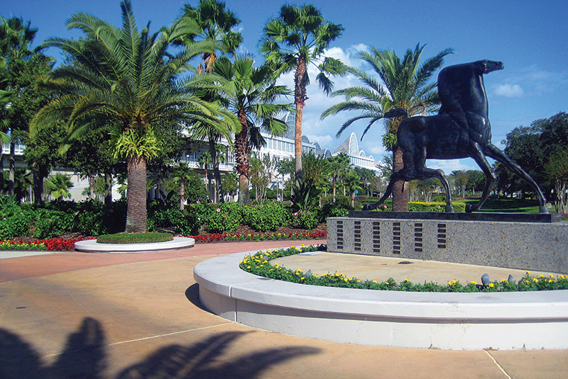 Daytime image of a horse sculpture outside the Orange County Convention Center in Orlando, Florida