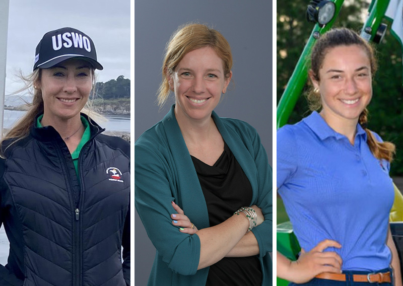 Female U.S. Women's Open volunteers riding together on the back of a John Deere work cart