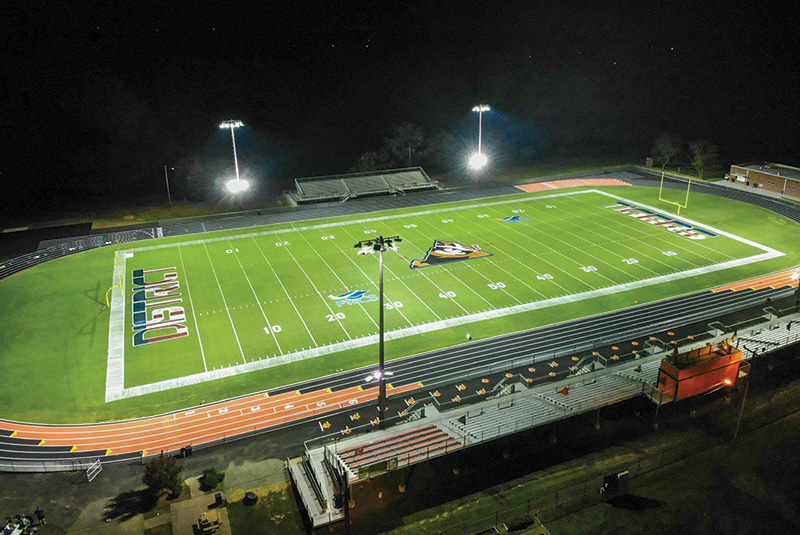 Aerial nighttime photo of Brentsville District High School football field