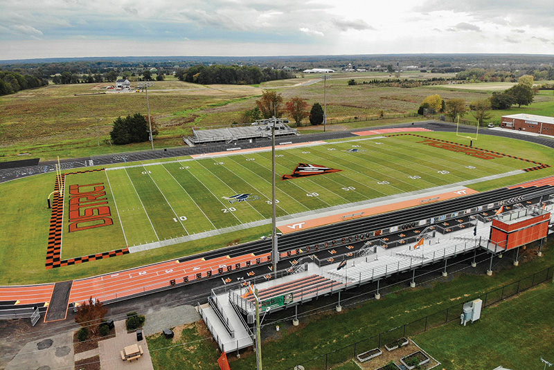 Aerial daytime photo of Brentsville District High School football field