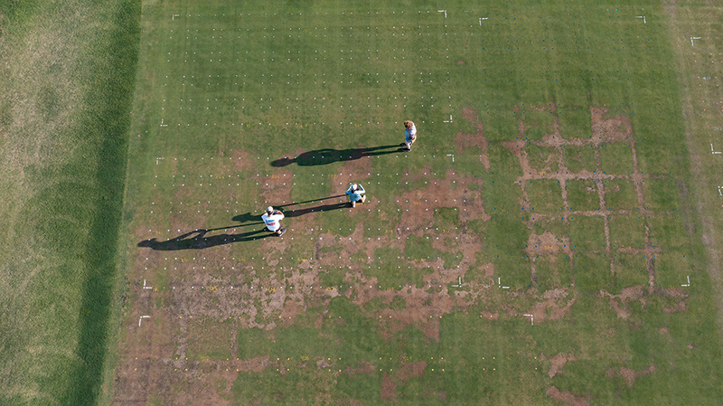 Aerial phot of research plot and researchers